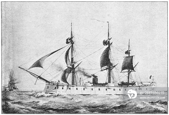 Ocean (1865) - a wooden-hulled, armored frigate built for the French Navy. Illustration of the 19th 