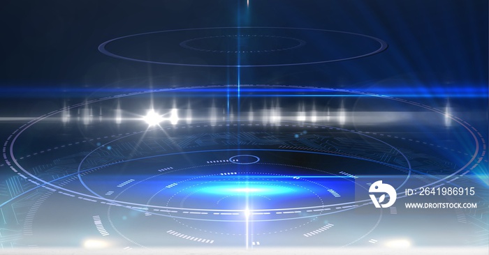 Composition of digital scope scanning on glowing blue background