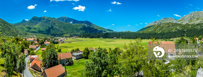 Panoramic view of the mountain town of Njegusi, Montenegro which is famous for local smoked ham, che