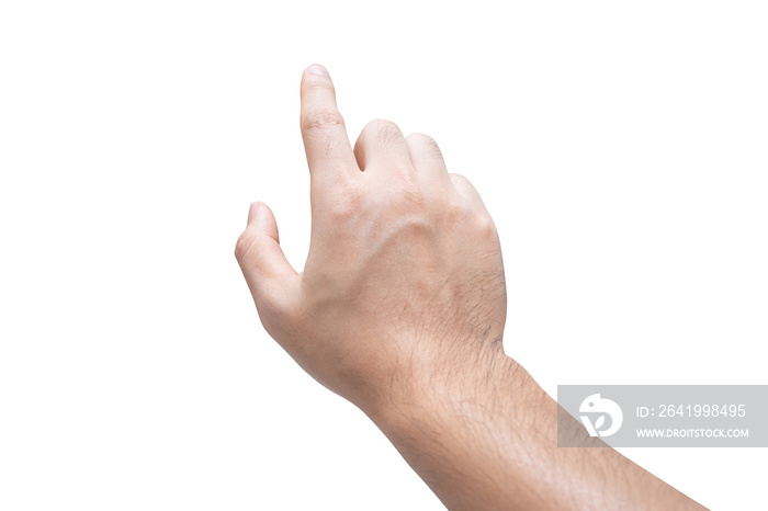 Man hand touching isolated on white background with clipping path.