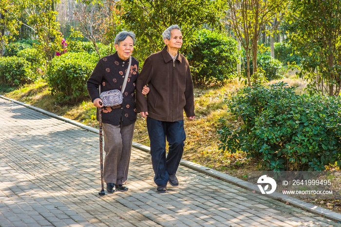 老年男女在外面散步。一对80岁的老年夫妇互相帮助，正在散步