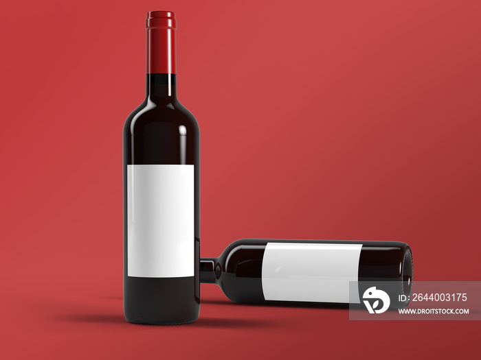 two wine bottles on red background