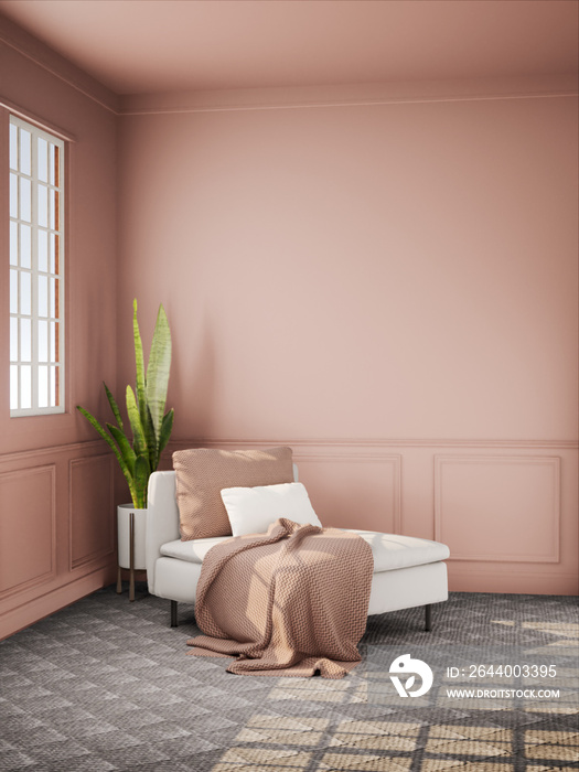 粉色房间室内设计，白色沙发。房间模型时尚，现代复古客厅室内