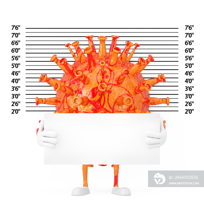 Cartoon Coronavirus COVID-19 Virus Mascot Person Character with Identification Plate in front of Pol