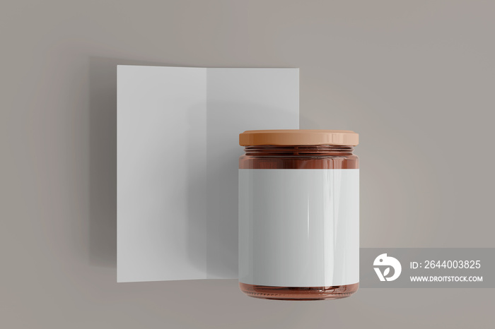 Blank Label Amber Glass Food Jar with Bi-Fold Brochure 3D Rendering