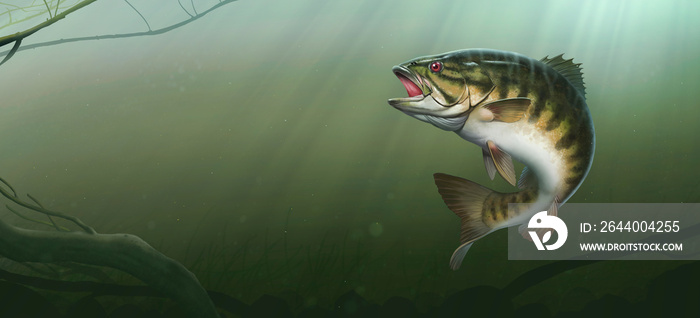 湖底的小嘴鲈鱼逼真的插图。在美国钓鱼的大鲈鱼