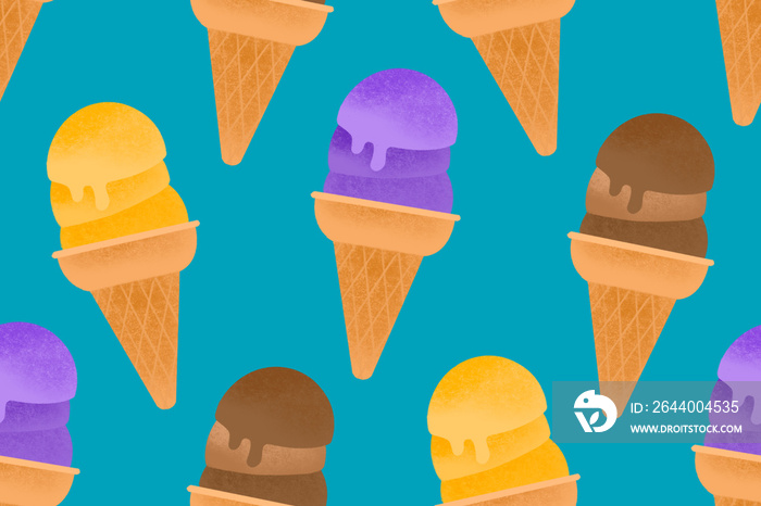 Filipino sorbetes cheese, chocolate, and ube cones illustrated pattern on teal background