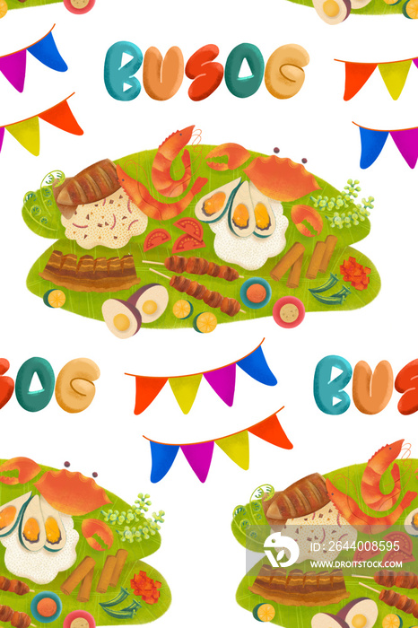 Filipino fiesta illustrated pattern with boodle fight food spread, banderitas, and lettering of the 