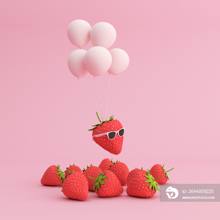 飞行气球和草莓的最小场景，三维渲染。