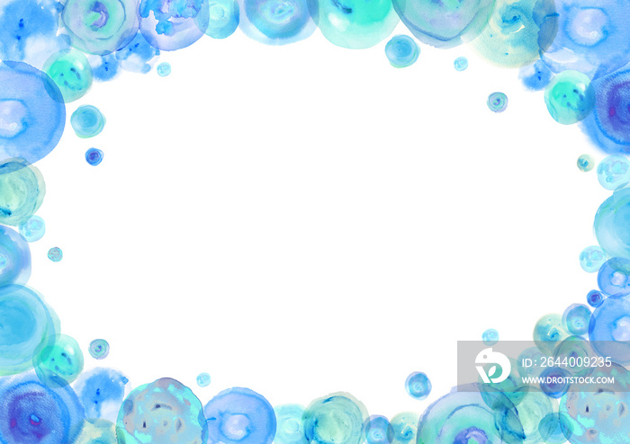 水彩画で描いた水色や青色の水玉で涼しげなフレーム素材