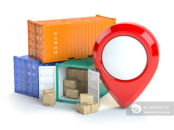 Cargo containers and pin isolated on white. Delivery, shipping and storage service.