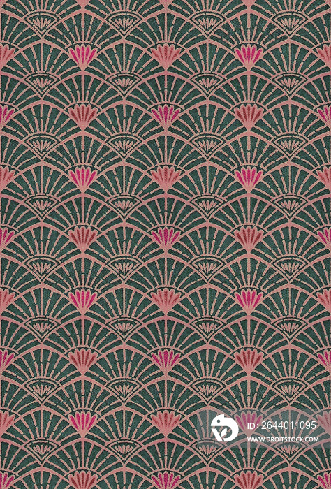 Seamless pattern of fantails in green and pink colors