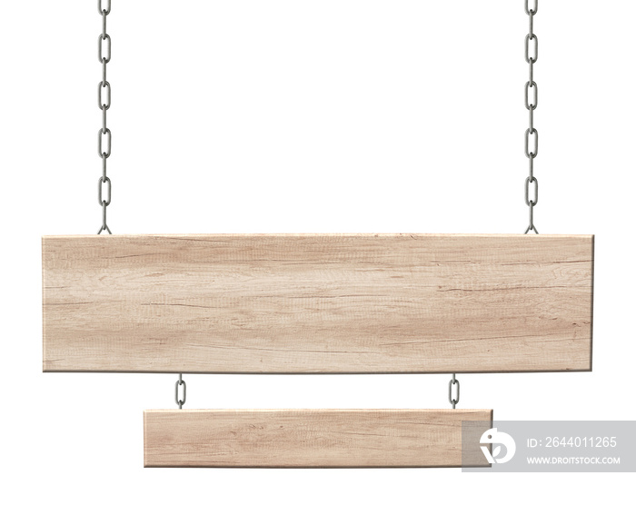 Oblong wooden double sign made of light wood hanging on chains