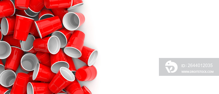 Plastic red color disposable cups pile on white background, banner. 3d illustration