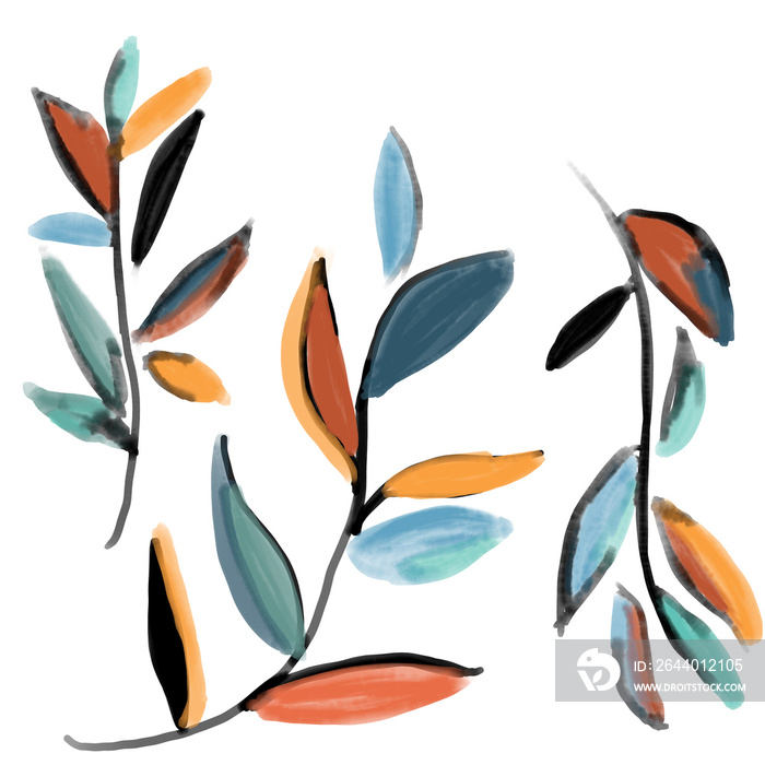 set of hand painting digital foliage leaves in waterclor bold artsy style