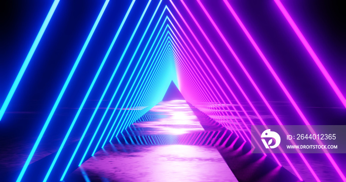 3d渲染，抽象的几何背景，荧光紫外线，发光的霓虹线旋转