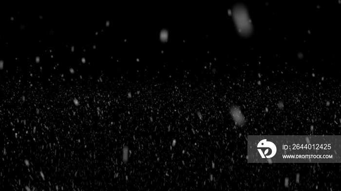 Falling snow at night. Bokeh lights on black background, flying snowflakes in the air. Overlay textu