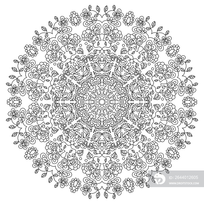 Mandala is a coloring book for relaxation and rest. Monochrome round pattern from abstract elements.