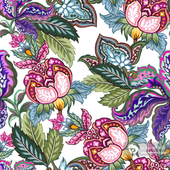 Seamless pattern with stylized ornamental flowers botanical in retro, vintage style. Jacobean embroi