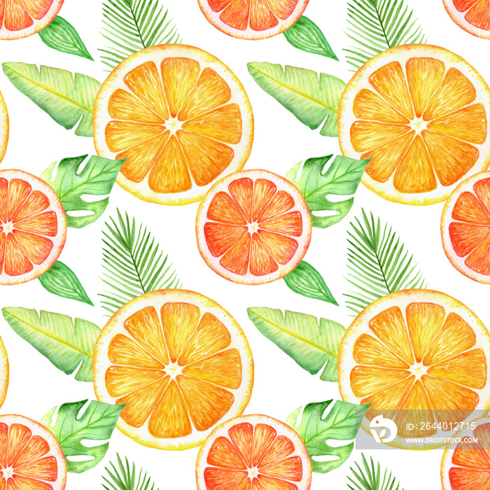 Citrus slice fruits watercolor hand drawn pattern. Orange, lemon, lime isolated on white background.