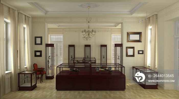 博物馆、展厅、室内可视化、3D插图