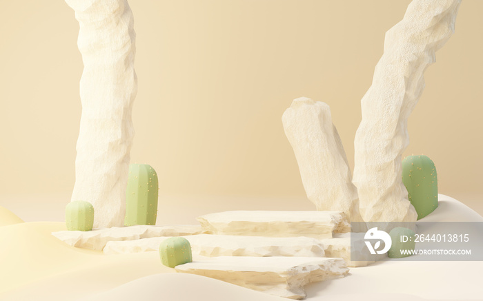 以仙人掌和金沙沙漠为迷你主题的3d模型棕色奶油讲台。产品的基座舞台