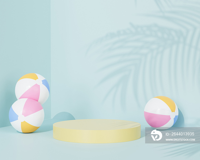 Yellow podium or pedestal for products or advertising on pastel blue background with beach balls, mi