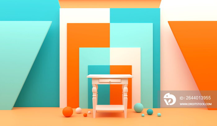 3D Rendering Illustration mockup scene of white table podium isolated on orange and turquoise geomet