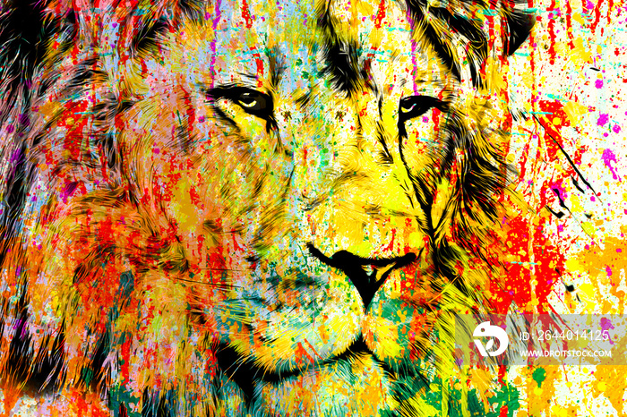 彩色艺术狮子嘴，深色背景上有明亮的油漆飞溅。