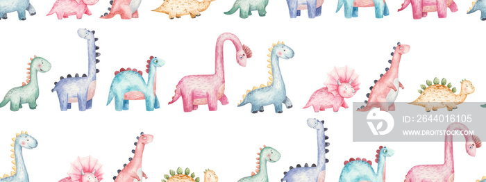 seamless pattern with dinosaurs of different species, cute childrens illustration in watercolor