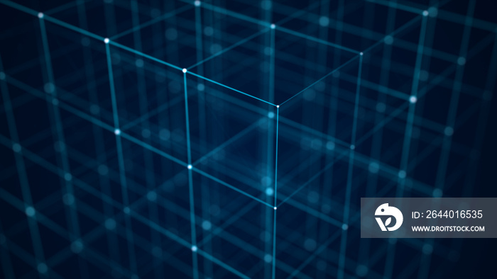 抽象线框立方体。数字区块链概念。带点和线的未来主义蓝色背景。