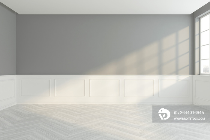 Minimal style empty room with gray and white wall cornice, wood floor. 3D rendering