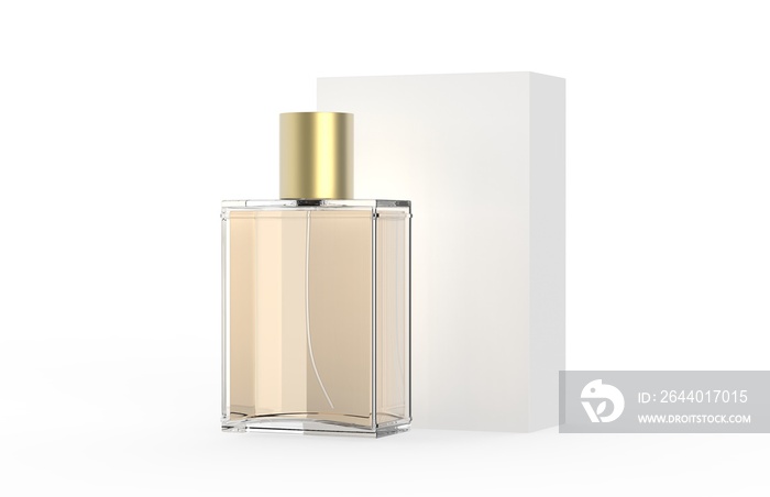 隔离白色背景下的香水瓶和包装盒，3D插图