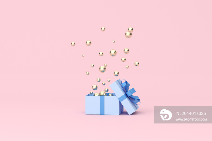 3D rendering of golden sphere floating from open blue gift box on pink background.