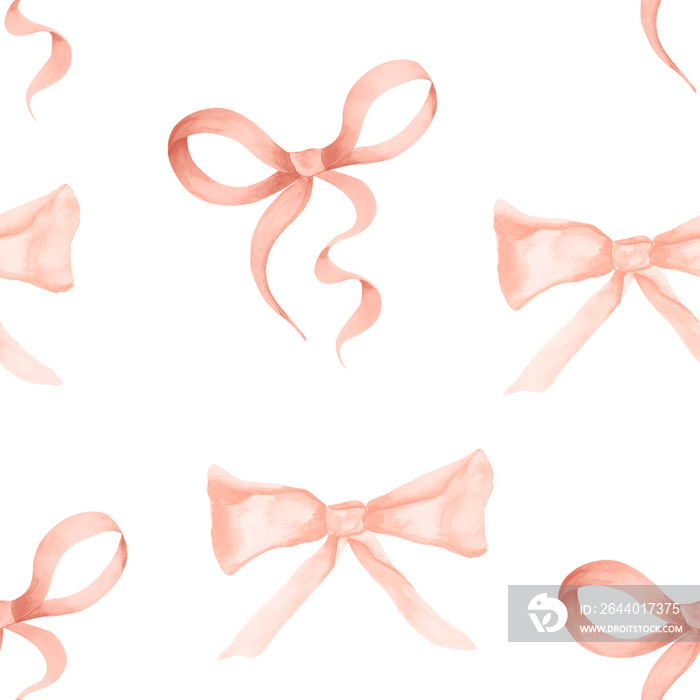 Festive pink bows watercolor seamless pattern. Template for decorating designs and illustrations.