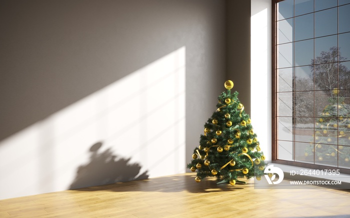 Christmas concept interior room, christmas tree, white room interior with wooden floor.