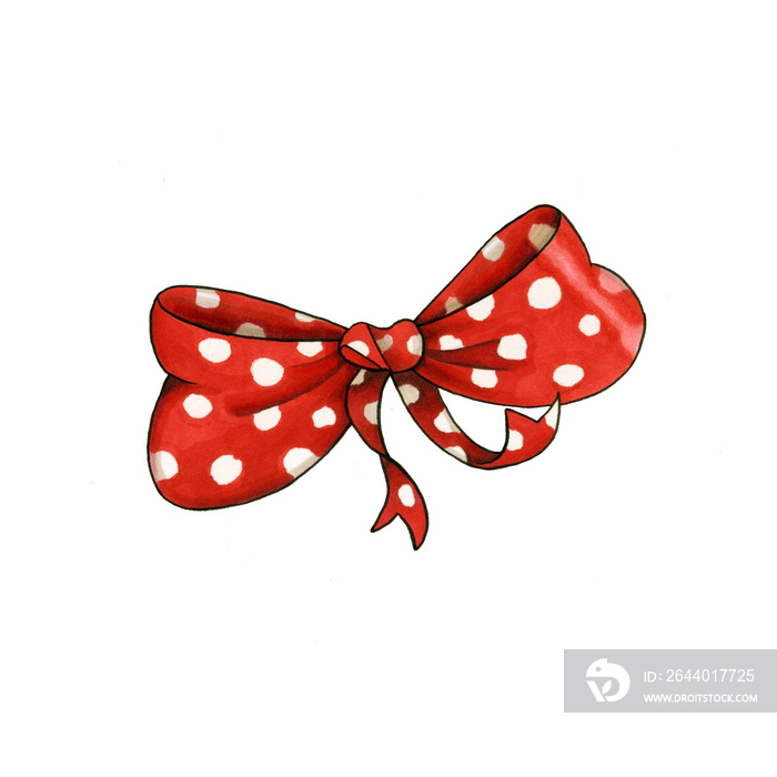 Ribbon knot handdrawn raster illustration. Realistic red polka dots gift bow drawing. Bowknot clipar