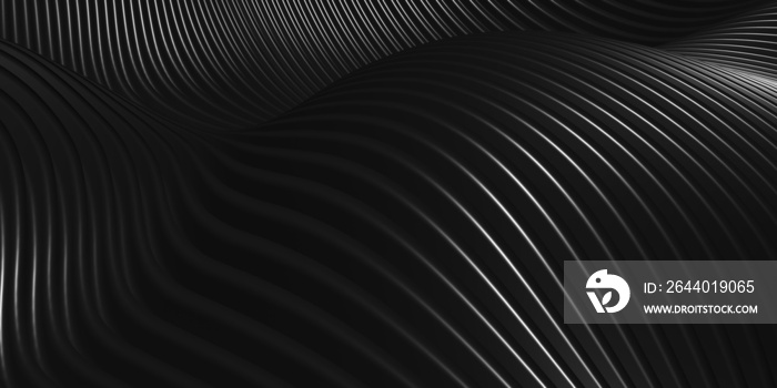 Parallel lines Black plastic tube texture Black curve distorted shape Modern abstract 3d illustratio