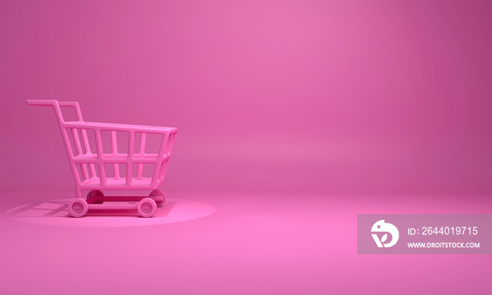 Empty pink basket trolley cart in the studio lighting, copy space text, Design creative concept for 