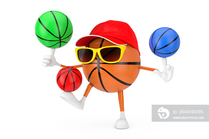 可爱卡通玩具篮球运动吉祥物人物旋转彩色篮球。