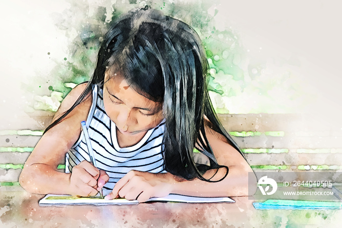 Abstract colorful girl kids learning and working homework on watercolor illustration painting backgr