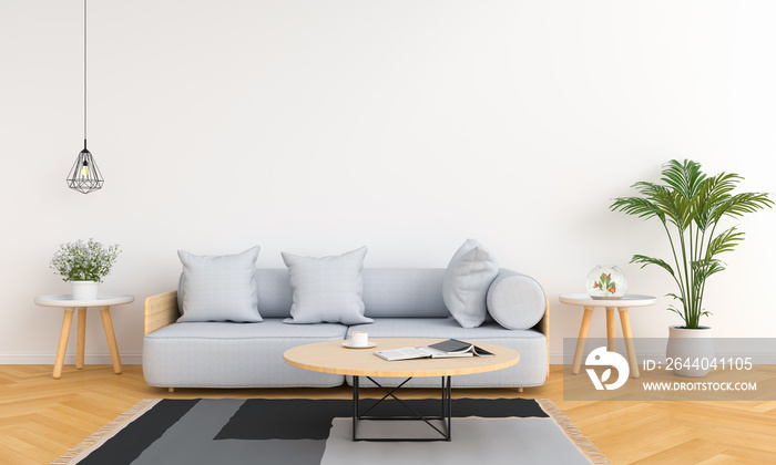 白色客厅中的灰色沙发和桌子，用于实体模型、3D渲染