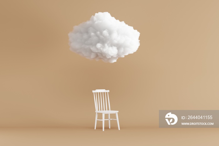 Cloud Floating above white chair on brown background. Minimal idea concept. 3D render.