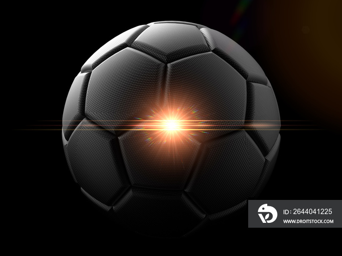 Black soccer ball with orange flash light flare under black background. 3D illustration. 3D high qua