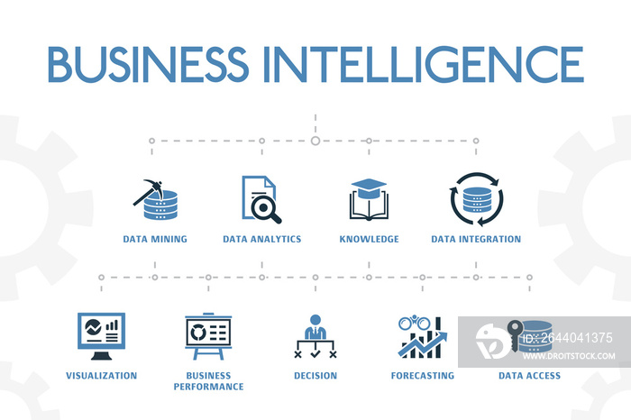 horizontal 2 colored Business intelligence concept template with simple icons. Business intelligence