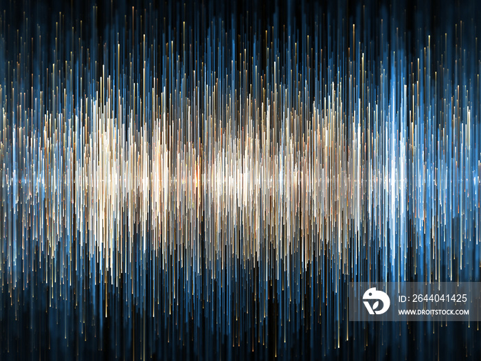 High density blue and light orange colored sound waves, on black background