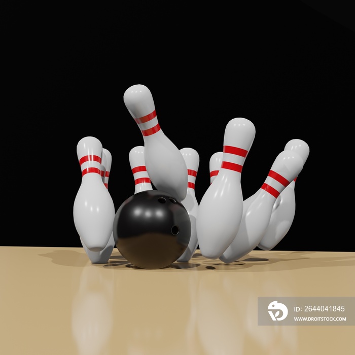 realistic bowling ball smash pin strike 3d rendering black background