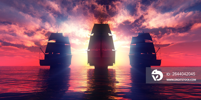 old three ships sunset at sea, 3d rendering