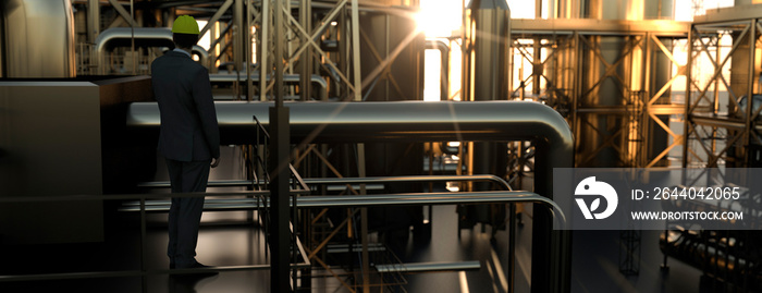 Technician supervisor looking out onto an oil refinery at sunset with pipes and steel 3d render