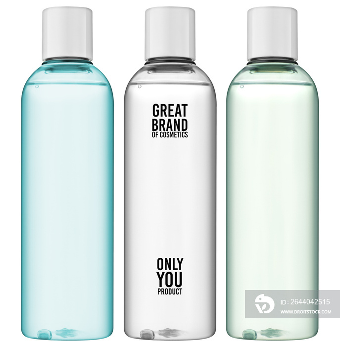 Cosmetic bottle mockup set on white background for shampoo, cream, shower gel.